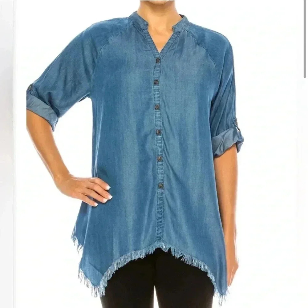 Hester & Orchard NWT Tencel Button Front Split Neck Fringe Hem Shirt Sz S